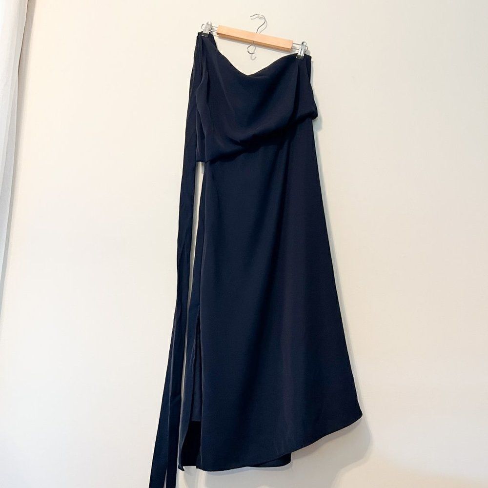 Amy Lynn Navy Blue One Shoulder Tie Satin Evening Midi Dress Size Medium - Picture 4 of 11